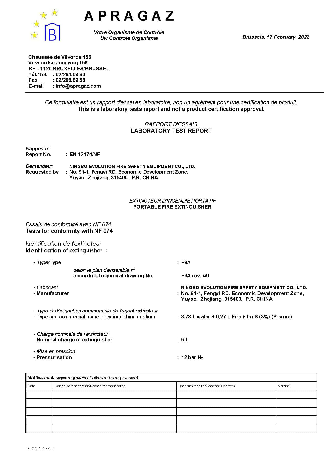 1686833468 9L Foam Fire Extinguisher EN 12174 NF F9A Test Report by Apragaz