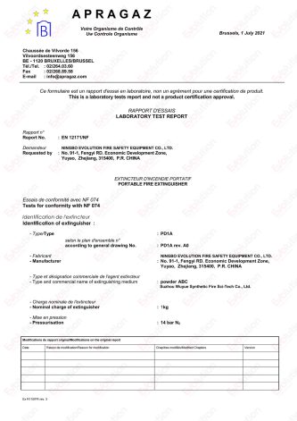 1KG Powder Fire Extinguisher PD1A EN 12171 NF Test Report by Apragaz