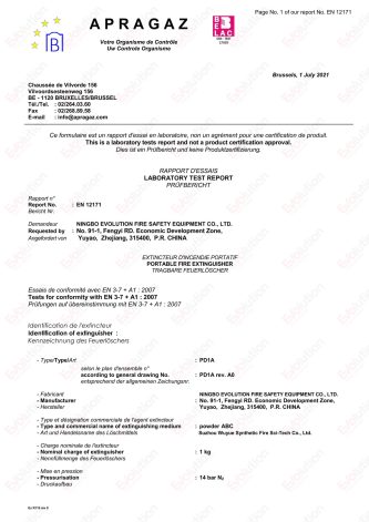 1KG Powder Fire Extinguisher PD1A EN 12171 Test Report by Apragaz